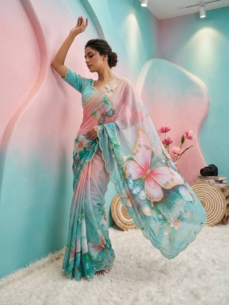 Skyblue georgette silk blend with butterfly digital print with hand khatli moti work saree with blouse
