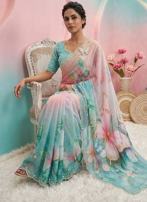 Skyblue georgette silk blend digital print hand saree blouse 2