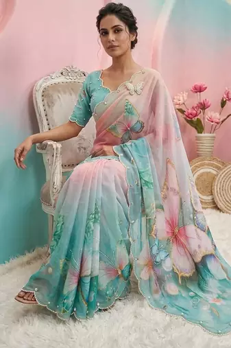 Skyblue georgette silk blend digital print hand saree blouse