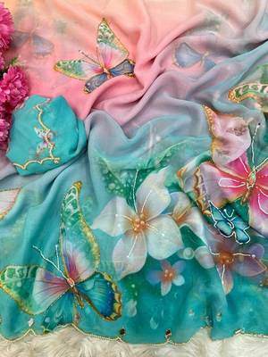 Skyblue georgette silk blend digital print hand saree blouse 3