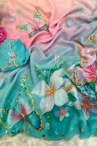 Skyblue georgette silk blend digital print hand saree blouse