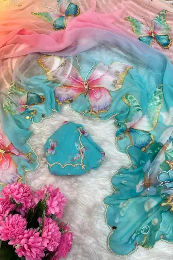Skyblue georgette silk blend digital print hand saree blouse