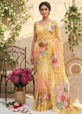 Yellow georgette silk blend digital print hand saree blouse 1