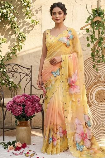 Yellow georgette silk blend digital print hand saree blouse