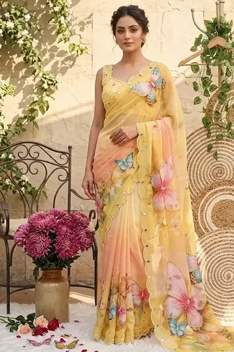 Yellow georgette silk blend digital print hand saree blouse