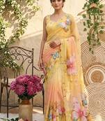 Yellow georgette silk blend with butterfly digital print with hand khatli moti work saree with blouse