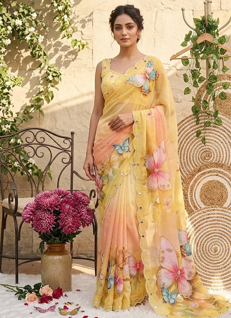 Yellow georgette silk blend with butterfly digital print with hand khatli moti work saree with blouse