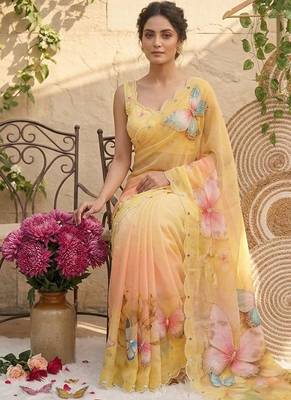 Yellow georgette silk blend digital print hand saree blouse 2