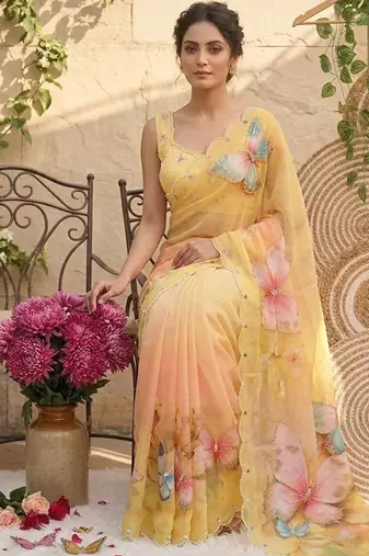 Yellow georgette silk blend digital print hand saree blouse