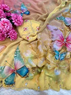 Yellow georgette silk blend digital print hand saree blouse 3
