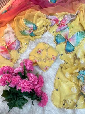 Yellow georgette silk blend digital print hand saree blouse 4