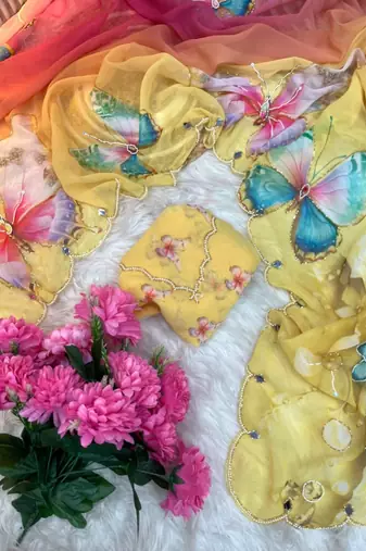 Yellow georgette silk blend digital print hand saree blouse