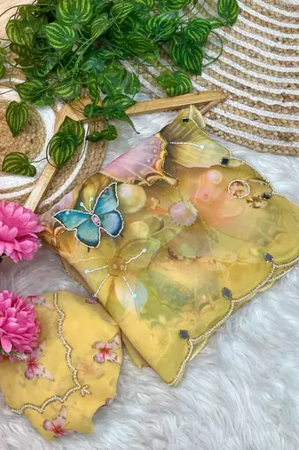 Yellow georgette silk blend digital print hand saree blouse