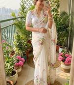 White taby silk blend with amazing floral print with hand work khatli saree with blouse
