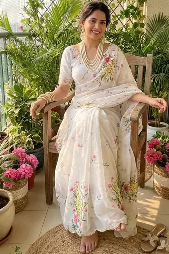 White taby silk blend amazing floral print hand saree blouse