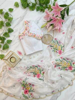 White taby silk blend amazing floral print hand saree blouse 4