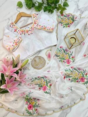 White taby silk blend amazing floral print hand saree blouse 5