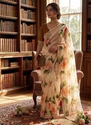 Off white silk blend floral print and handwork border saree blouse 1