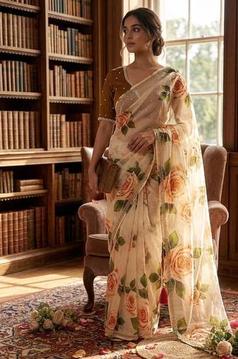 Off white silk blend floral print and handwork border saree blouse