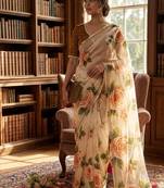 Off white silk blend floral print and handwork border saree blouse