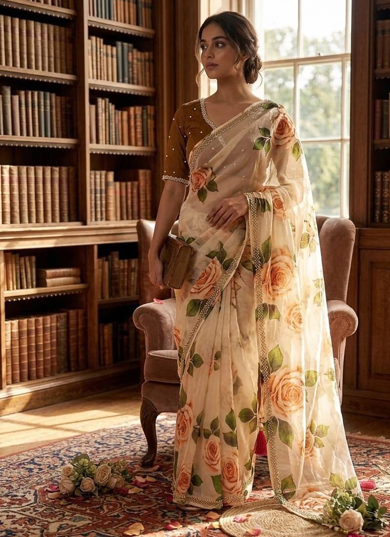 Offwhite taby silk blend with floral print and handwork khatli moti border saree with blouse