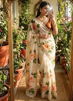 Off white silk blend floral print and handwork border saree blouse 2