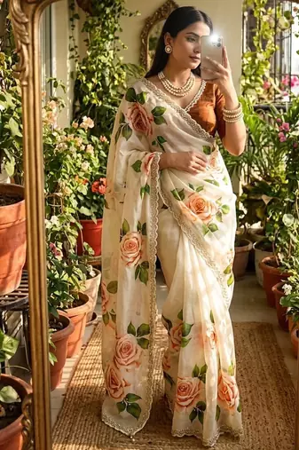 Off white silk blend floral print and handwork border saree blouse