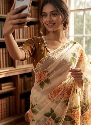Off white silk blend floral print and handwork border saree blouse 3