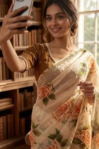 Off white silk blend floral print and handwork border saree blouse