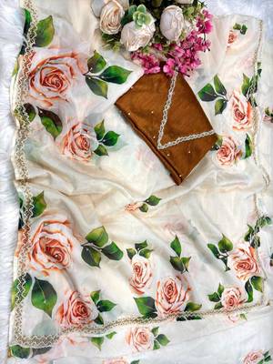 Off white silk blend floral print and handwork border saree blouse 4