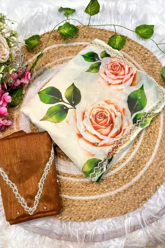 Off white silk blend floral print and handwork border saree blouse