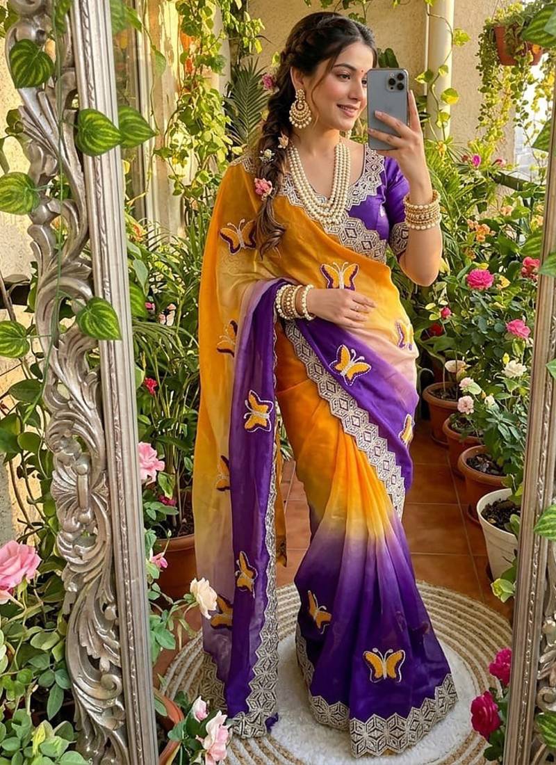 Multicolor silk blend padding with hand towel work butterfly butta saree with blouse
