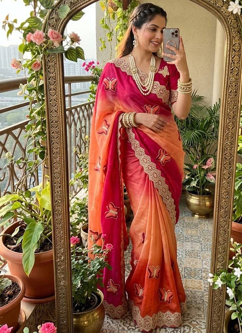 Multicolor silk blend padding with hand towel work butterfly butta saree with blouse