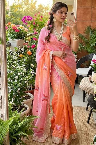 Multicolor silk blend padding butterfly butta saree blouse