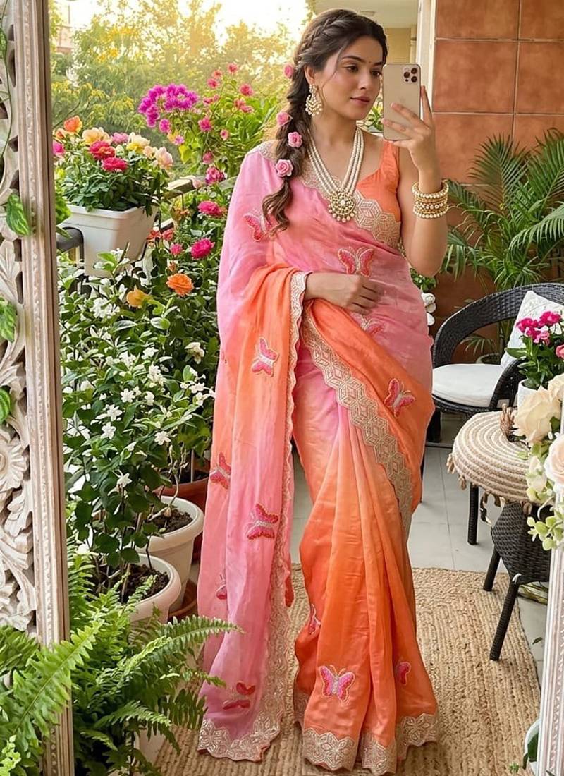 Multicolor silk blend padding with hand towel work butterfly butta saree with blouse