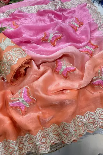 Multicolor silk blend padding butterfly butta saree blouse