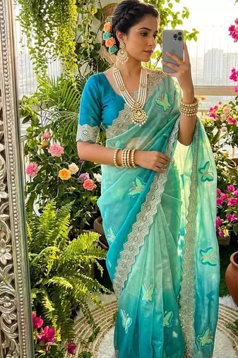 Multicolor silk blend padding butterfly butta saree blouse