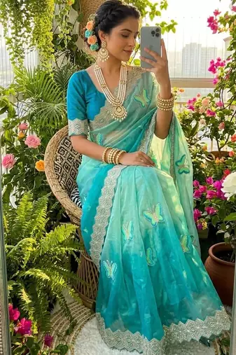 Multicolor silk blend padding butterfly butta saree blouse