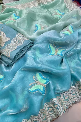 Multicolor silk blend padding butterfly butta saree blouse