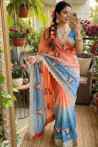 Multicolor silk blend padding butterfly butta saree blouse