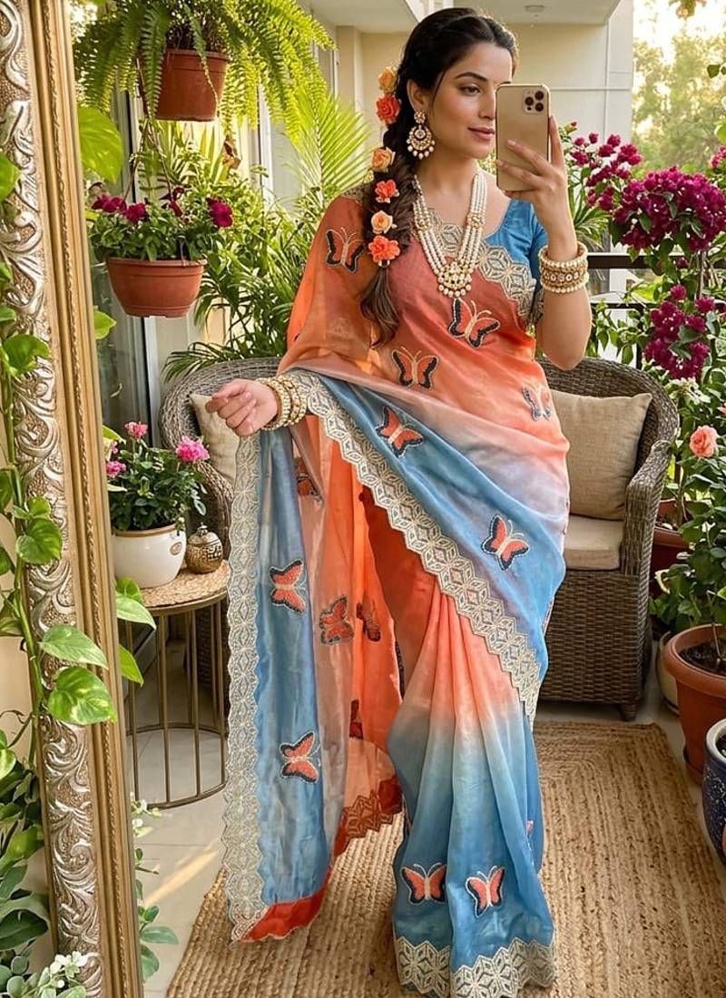 Multicolor silk blend padding with hand towel work butterfly butta saree with blouse