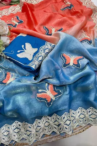 Multicolor silk blend padding butterfly butta saree blouse