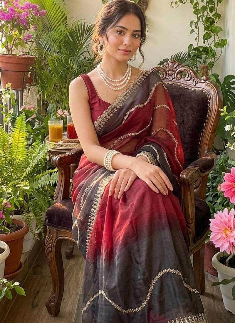 Multicolor fendy chiffon padding with embroidery sequin work saree with blouse
