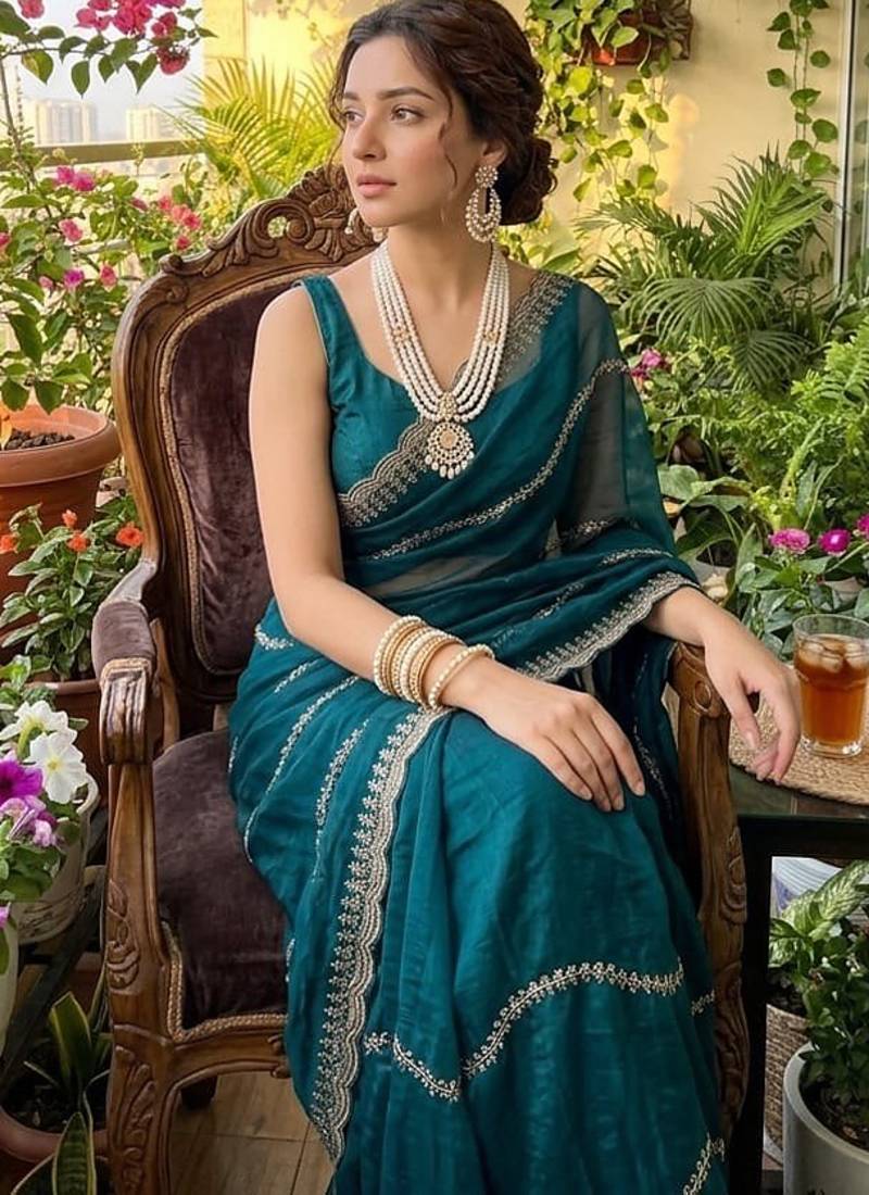 Multicolor fendy chiffon padding with embroidery sequin work saree with blouse