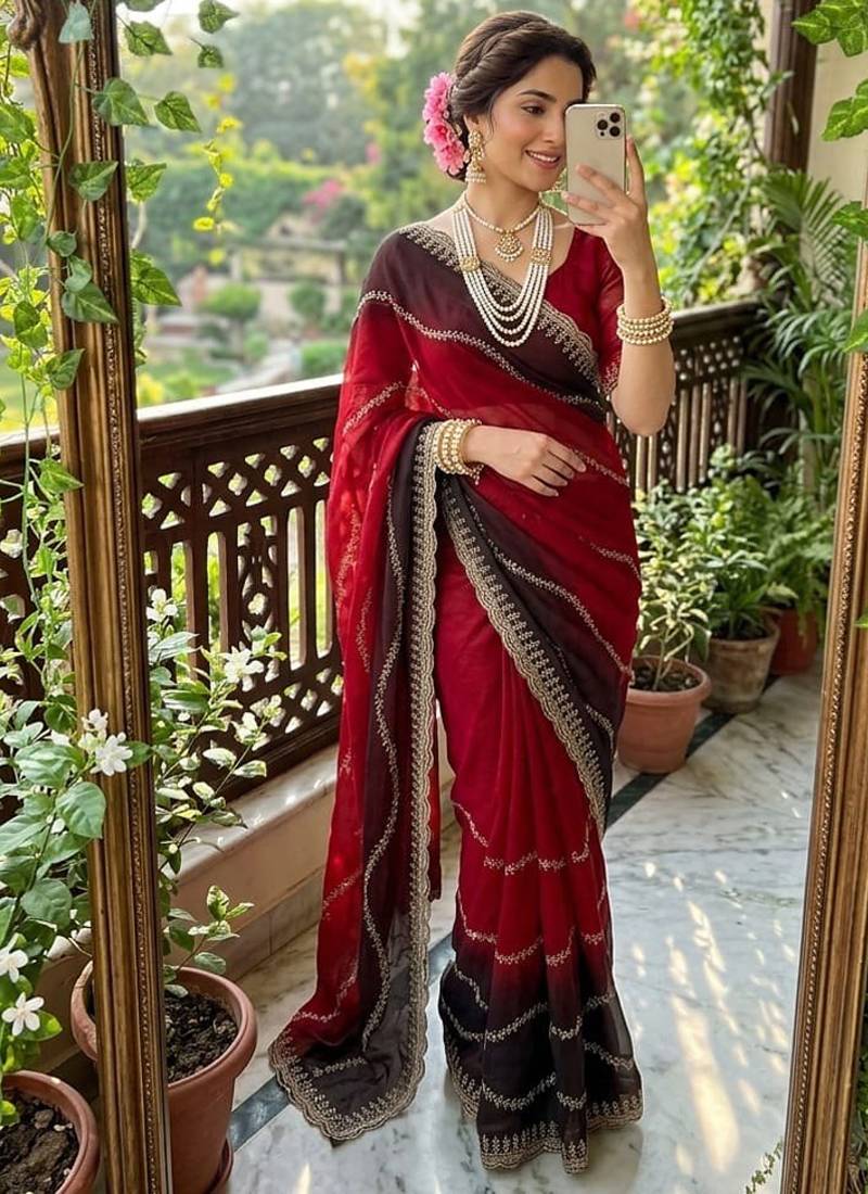 Multicolor fendy chiffon padding with embroidery sequin work saree with blouse