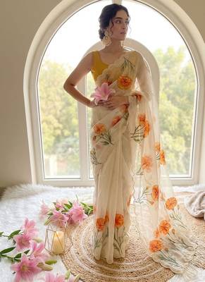 Offwhite taby silk blend digital print and cutdana moti work saree blouse 1
