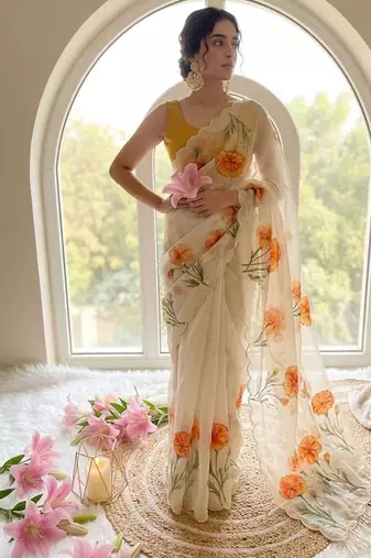 Offwhite taby silk blend digital print and cutdana moti work saree blouse