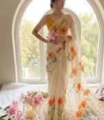 Offwhite taby silk blend digital print and cutdana moti work saree blouse