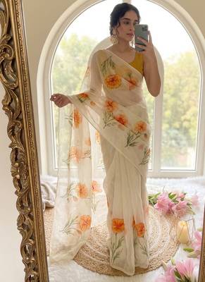 Offwhite taby silk blend digital print and cutdana moti work saree blouse 2