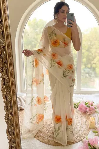 Offwhite taby silk blend digital print and cutdana moti work saree blouse